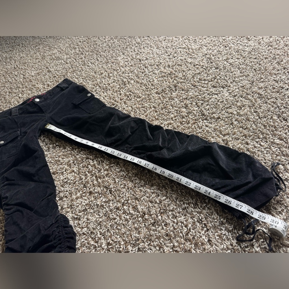 Y2K Younique Black Corduroy Ruched Tie Cargo Pants Size 5 Low Rise Fine Wale 90s - Picture 12 of 13